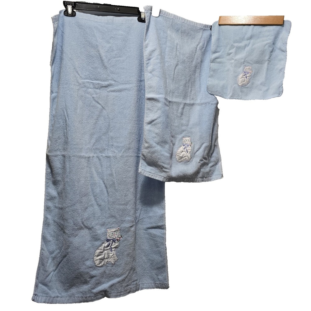 VTG Blue Terrycloth Towel Set Cat Kitten Satin Appliqué 3-Piece‎ Royal Pacific